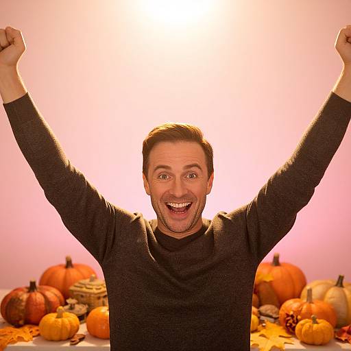 Photograph of a smiling man with short brown hair, wearing a black sweater, raising both arms excitedly, surrounded by pumpkins and autumn leaves against
