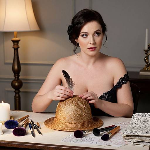 Photograph of a pale-skinned woman with dark hair, wearing black lace off-shoulder dress, decorating a straw hat with a black feather,