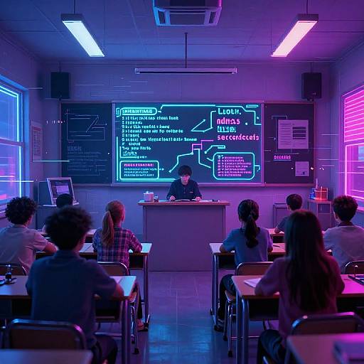 Neon-lit classroom photograph: Teacher in front, glowing chalkboard with digital diagrams, six students seated, laptops open, vibrant blue and pink lighting