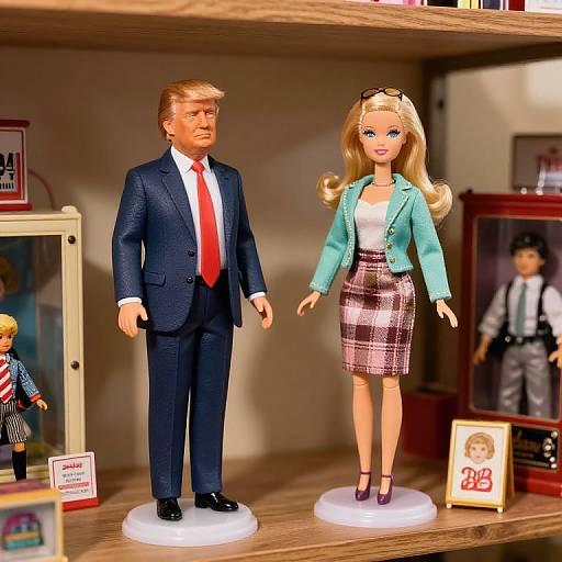 Photograph of a Donald Trump action figure in a navy suit with red tie, standing beside a blonde Barbie in a plaid skirt and turquoise jacket,