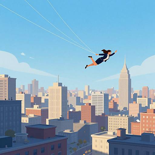 Pixel art of a person with black hair and black outfit parasailing over a colorful, sunlit cityscape with skyscrapers and rooftops.