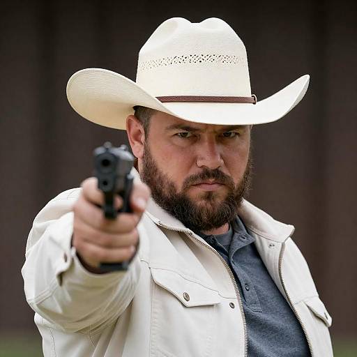 Bearded Cowboy Pointing Gun Close-up