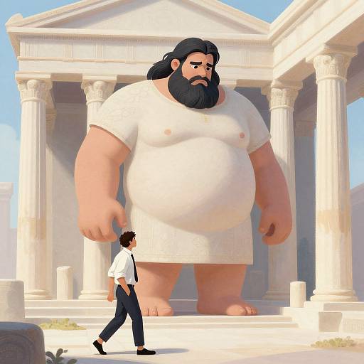 Digital illustration of a bearded giant in a white tunic, towering over a small man in a white shirt and black pants, standing before ancient Greek