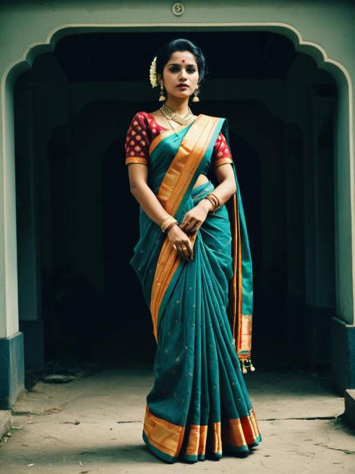 Woman in Traditional Saree in Vintage Setting