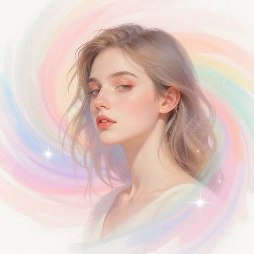 Digital portrait of a fair-skinned, blonde woman with soft, wavy hair and pink lips, set against a pastel rainbow background. Ethereal