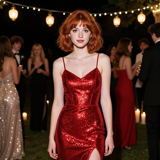 Photograph of a fair-skinned, red-haired woman in a sparkling red, sleeveless, form-fitting dress with a thigh-high slit, standing