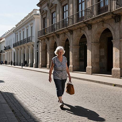 Photograph of an elderly white woman with short gray hair, wearing a patterned blouse and dark pants, walking on a sunlit, cobblestone