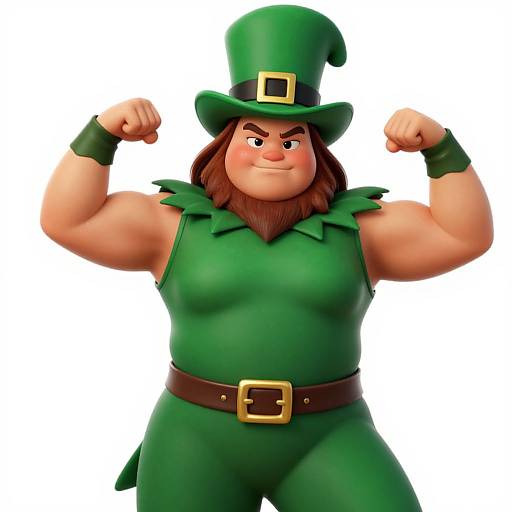 Digital cartoon of a muscular, cheerful leprechaun with green outfit, hat, and belt, flexing his biceps against a white background.