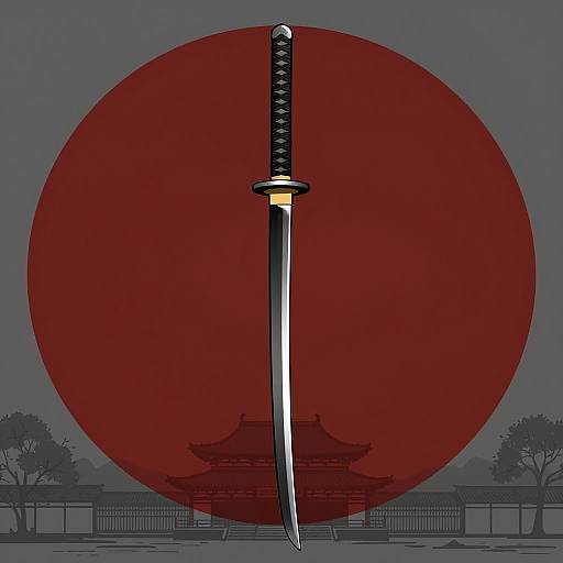 Black Katana Sword with Asian Temple Silhouette