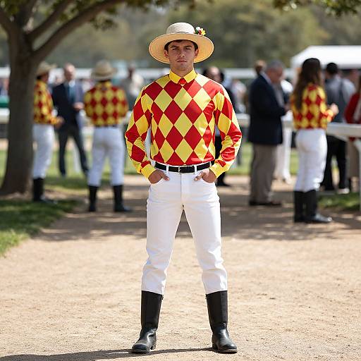Photograph of a young man in a red-yellow diamond-patterned shirt, white pants, black boots, and a straw hat, standing confidently on a