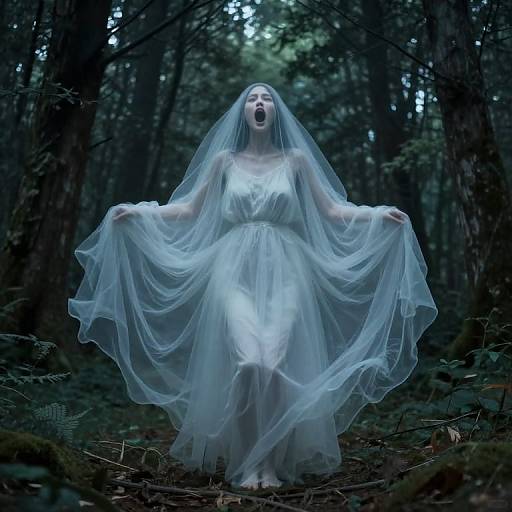 Photograph of a ghostly woman in a translucent white dress, veil flowing, mouth open in a scream, standing in a dark, eerie forest.
