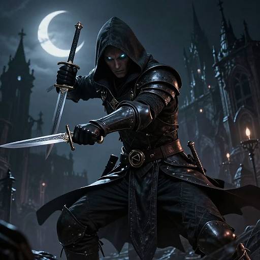Dark fantasy CGI image of armored knight with glowing blue eyes, holding sword under crescent moon, in gothic castle courtyard.