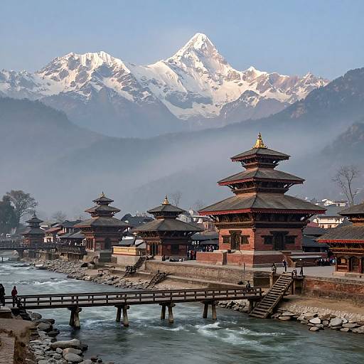 Photograph of traditional Tibetan wooden temples by a flowing river, with snow-capped mountains in the background under a clear blue sky.
