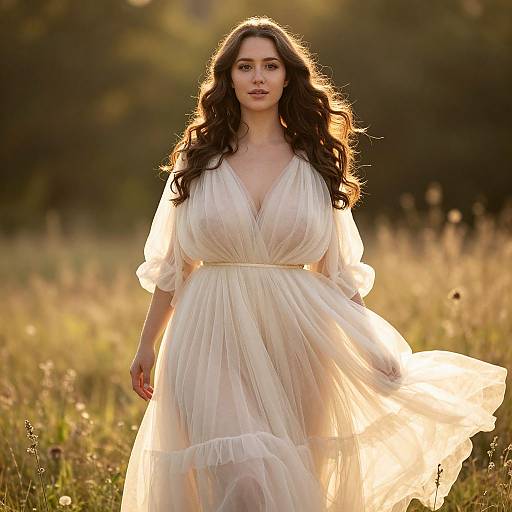 Photograph of a fair-skinned woman with long, wavy brown hair, wearing a flowing, white, V-neck dress, standing in a sun