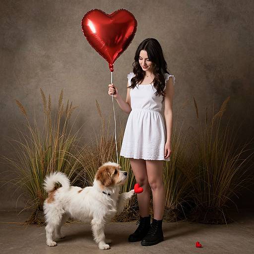 Woman and Dog with Heart Balloons