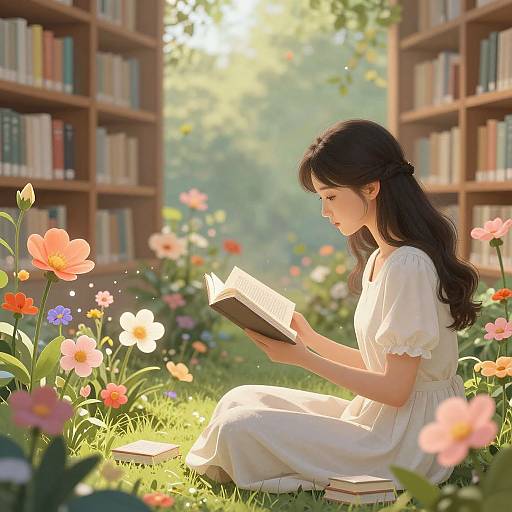 Anime-style illustration of a young woman with long black hair, wearing a white dress, reading a book in a sunlit library garden filled with colorful flowers