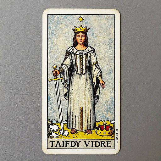 Tarot card illustration of a crowned woman in a long white dress holding a sword, standing on a yellow ground, labeled 