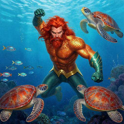 Digital art of muscular, red-bearded Aquaman in golden armor, surrounded by three sea turtles and colorful fish underwater.