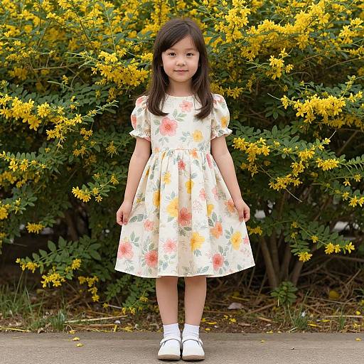 Photograph of an Asian girl with straight black hair, wearing a white floral dress and white shoes, standing in front of a bush with bright yellow flowers