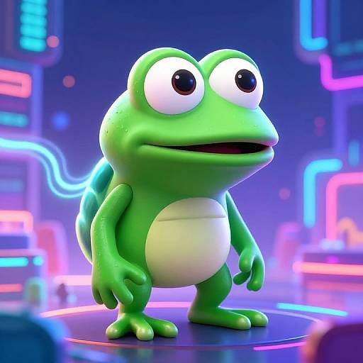 CGI image of a large, green cartoon frog with big white eyes, standing on a neon-lit stage in a futuristic setting.