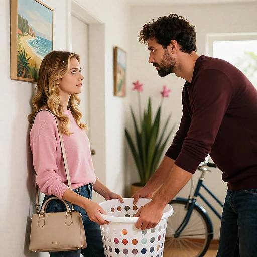 Couple Interacting in Hallway Scene