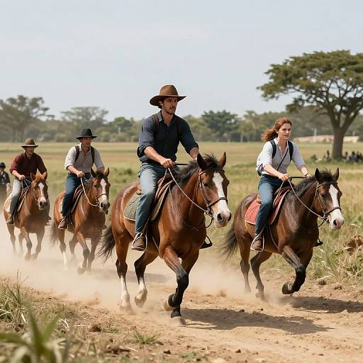 Photograph of three cowboys in hats and jeans riding brown horses on a dusty trail, with a sunny, open field and trees in the background.