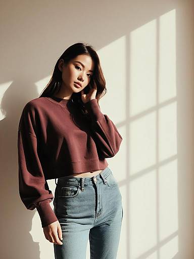 Woman in Burgundy Cropped Sweatshirt and High-Waisted Jeans