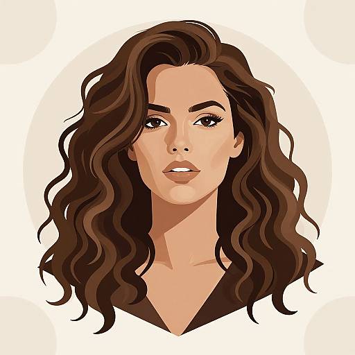 Digital illustration of a beautiful woman with wavy, dark brown hair, light skin, and piercing eyes, set against a white background.