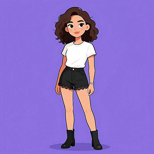 Cartoon-style drawing of a smiling girl with curly brown hair, wearing a white t-shirt, black lace-trimmed shorts, and black ankle boots