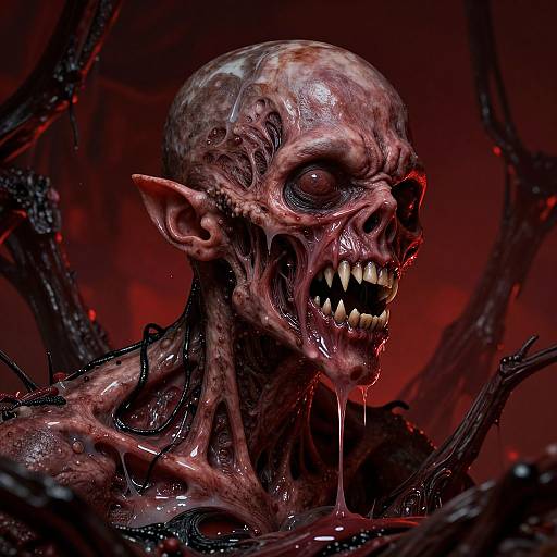 CGI horror image: grotesque, decaying demonic creature with pointed ears, gaping mouth with sharp teeth, red-tinged skin, and dripping