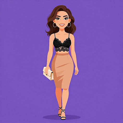 Digital illustration of a smiling woman with wavy brown hair, wearing a black lace top, beige pencil skirt, and black heels, holding a white clutch