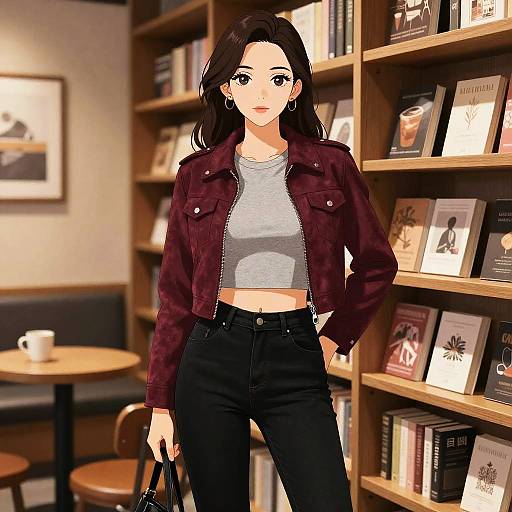 Digital anime-style drawing of a young woman with long black hair, wearing a maroon jacket, grey crop top, and black jeans, standing in a