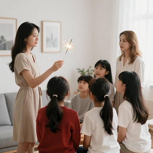 Photograph of an Asian woman in a beige dress holding a sparkler, teaching attentive Asian children in a bright, modern living room.