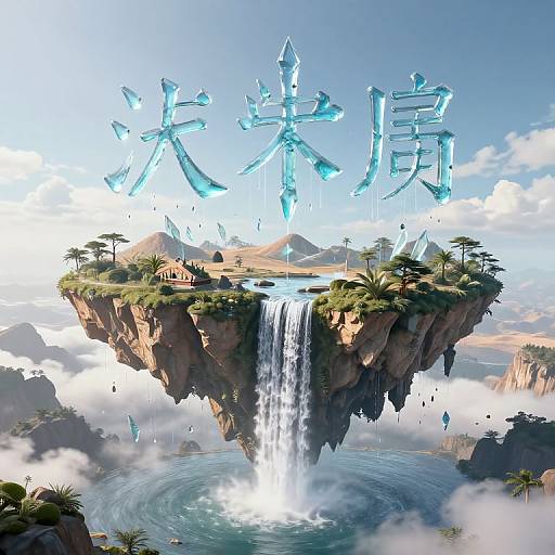 Digital artwork: floating island with waterfall, surrounded by clouds, featuring large blue ice-like Chinese characters, lush greenery, and distant mountains.