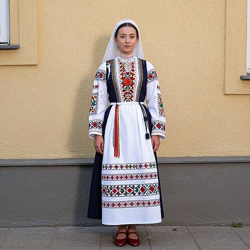 Photograph of a young woman in traditional Eastern European folk dress with white blouse, black apron, embroidered patterns, white headscarf, and red