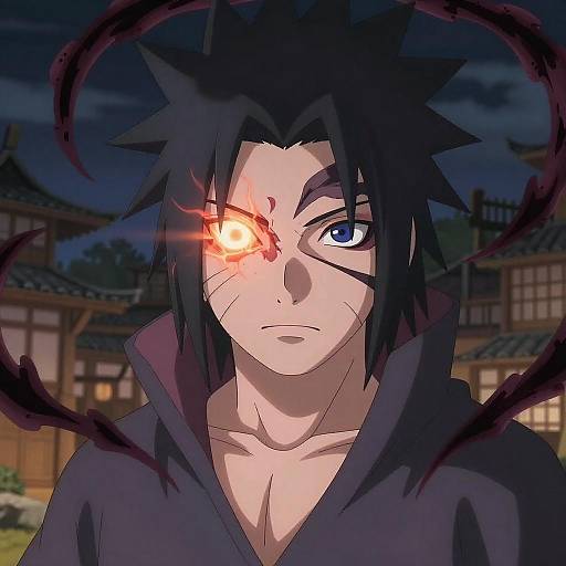 Anime-style digital drawing of a black-haired man with one glowing red eye, wearing a dark robe, against a night-time Japanese village backdrop. Dark energy
