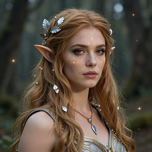 Digital artwork of a beautiful, fair-skinned, red-haired elf woman with pointed ears, adorned with leaves and glowing sparkles, wearing a silver dress