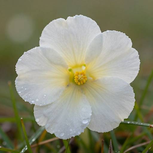 Close-up photograph of a white, dew-covered wildflower with yellow center, surrounded by blurred green grass, showcasing delicate petal texture.