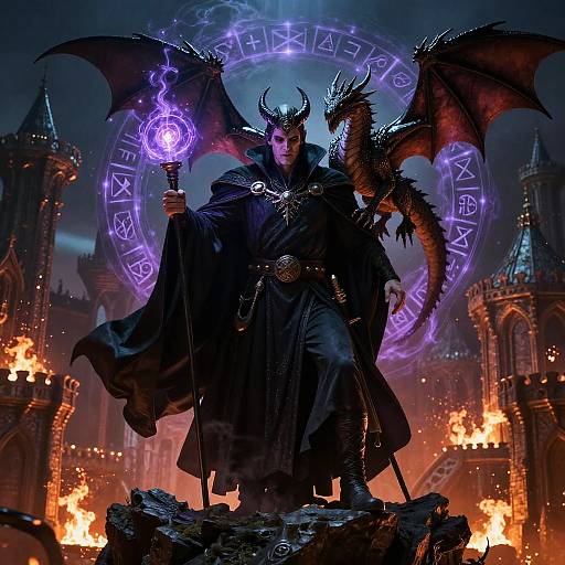 Digital fantasy artwork of a dark, horned sorcerer with a dragon, holding a glowing purple orb, standing on a rocky platform amidst burning towers.