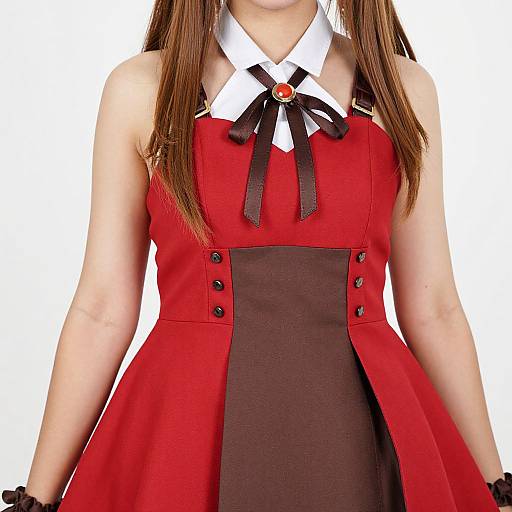 Photograph of a young girl in a red and brown sleeveless dress with white collar, black ribbon, and red gem, against a white background.