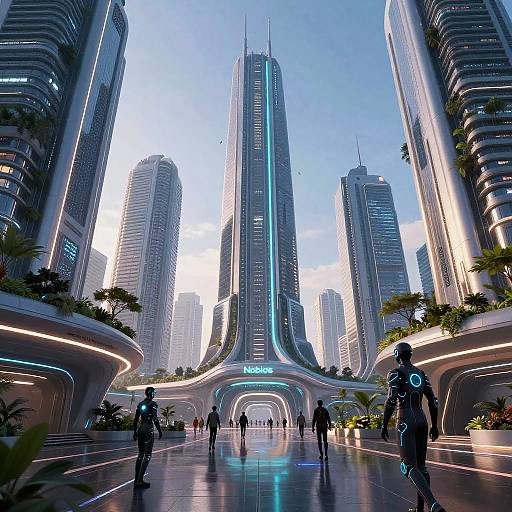 Futuristic Bioluminescent Cityscape at Dusk