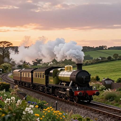Photograph of a vintage black steam locomotive with white smoke, pulling beige carriages through a colorful, flower-filled countryside at sunset.