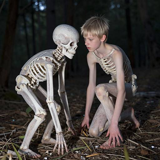 Photograph of a young blonde boy in a skeletal costume crouching beside a realistic skeleton in a dark forest.