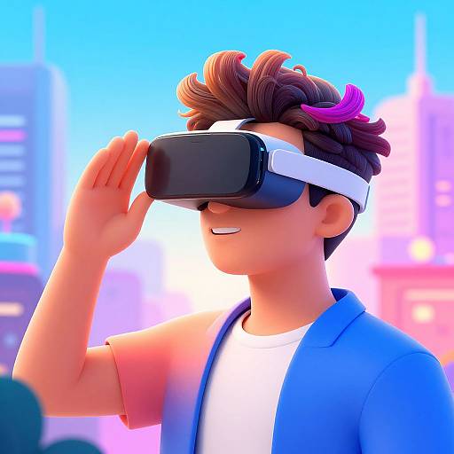 Digital art of a smiling anime boy with brown hair and purple streaks, wearing a VR headset and blue jacket, against a bright, neon cityscape