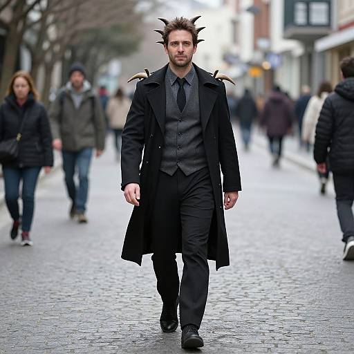 Photograph of a bearded man with dark horns, wearing a black suit and long coat, walking down a cobblestone street with blurred pedestrians in