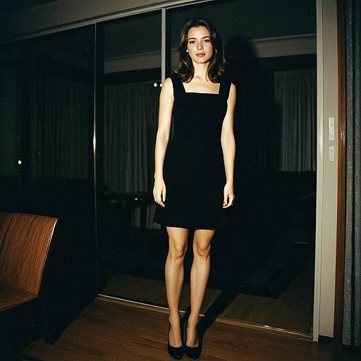 Woman in Elegant Black Dress Standing Indoors