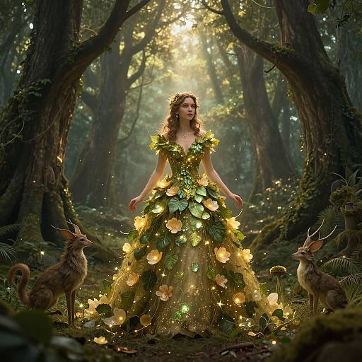 Enchanted forest fairy in a glowing, leaf-adorned ball gown, surrounded by mystical deer, illuminated by soft, magical light. Digital art