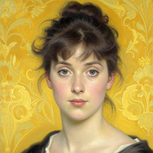 Digital portrait of a young woman with fair skin, blue eyes, and dark, wavy hair against an ornate yellow floral background.
