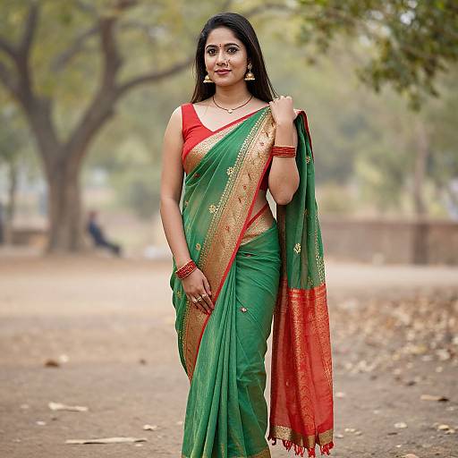 Photograph of a confident Indian woman with long black hair, wearing a green and red sari with gold embroidery, standing in a sunlit, tree