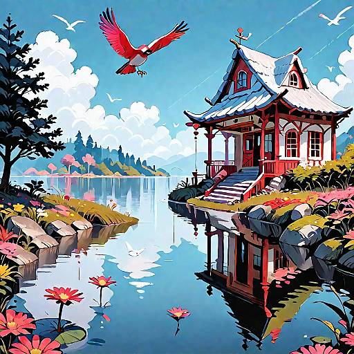 Charming Anime Lake Landscape with House